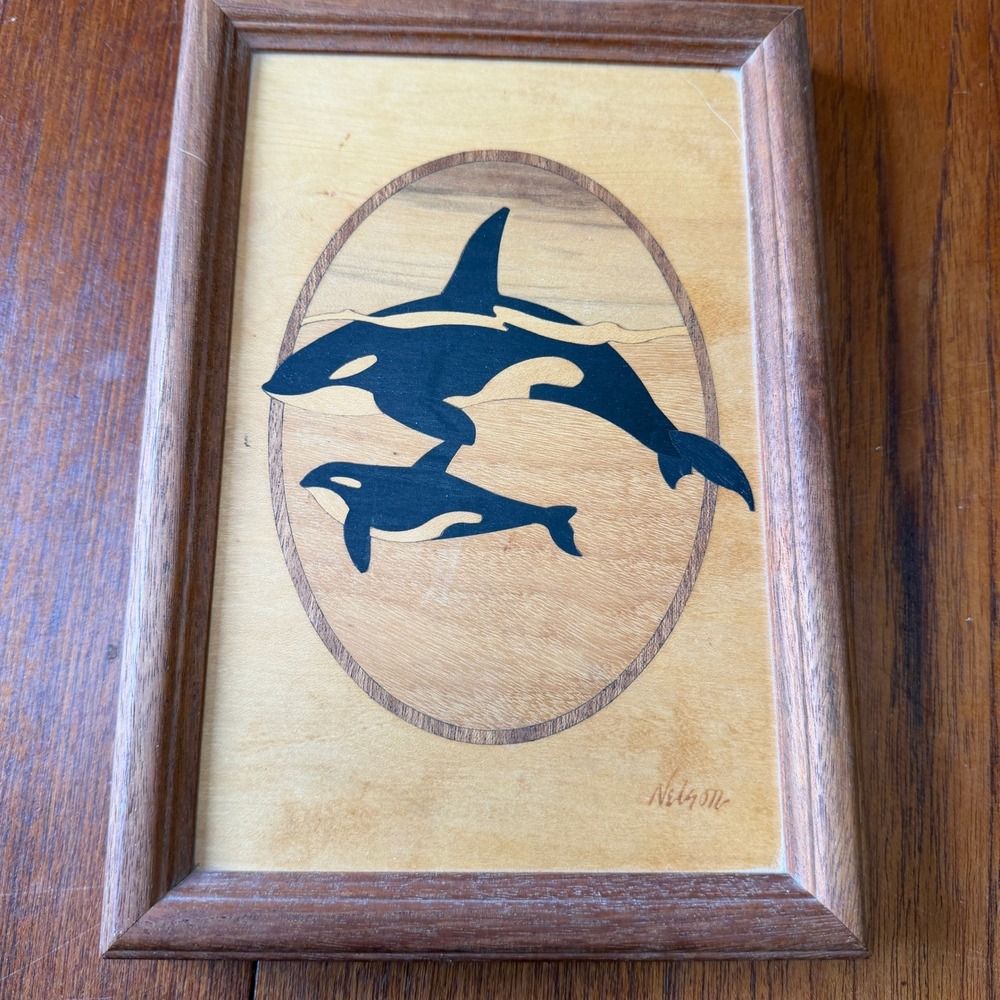 Hudson River Inlay Orcas Wood Art Nelson Marquetry Framed Whale Coastal Decor